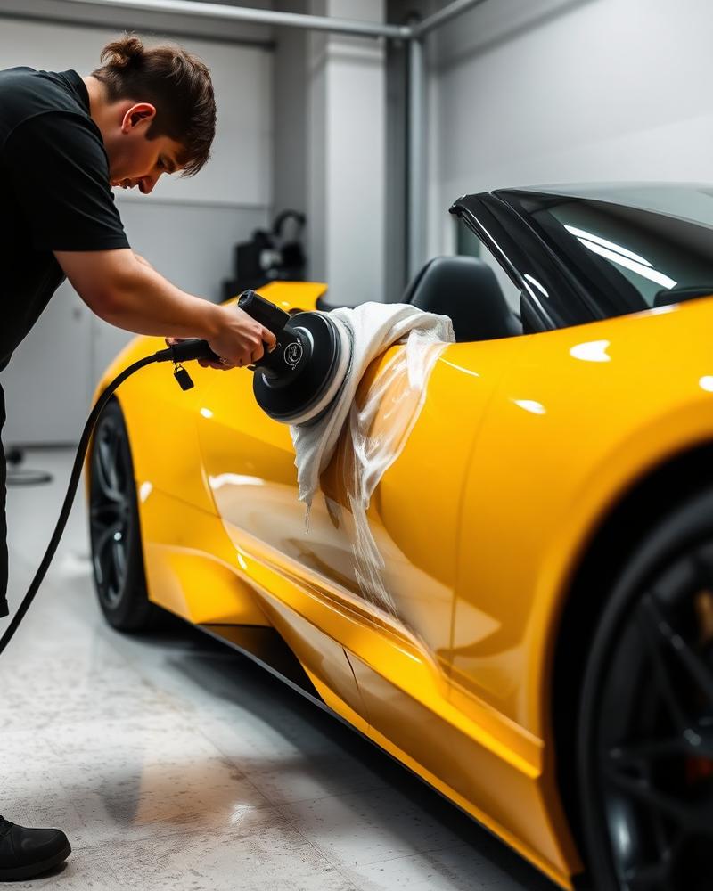 Yellow sports car receiving paint correction in our Raleigh studio